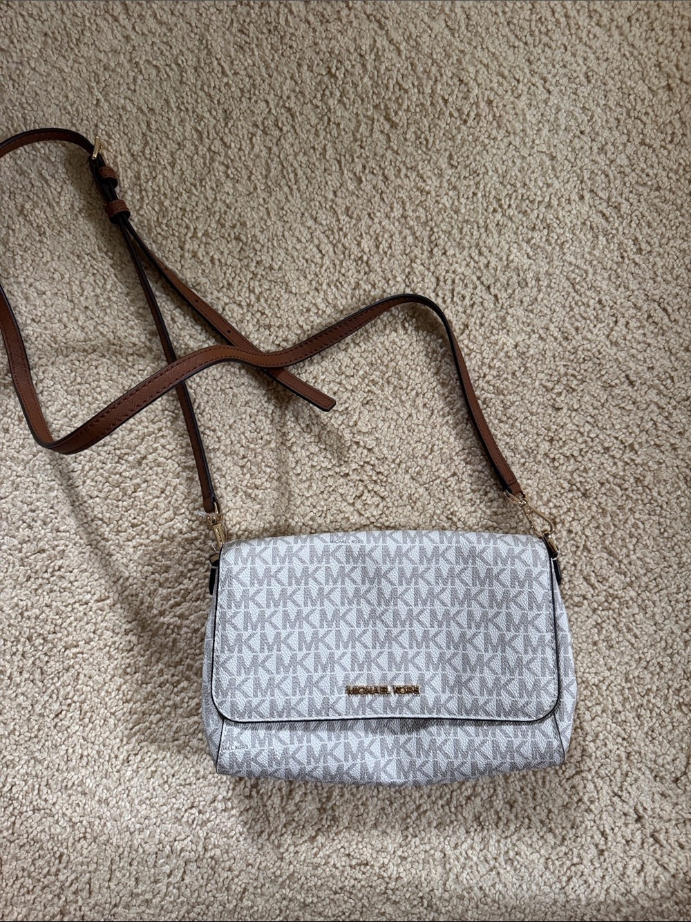 Michael Kors White MK Logo Crossbody with Brown Leather Strap